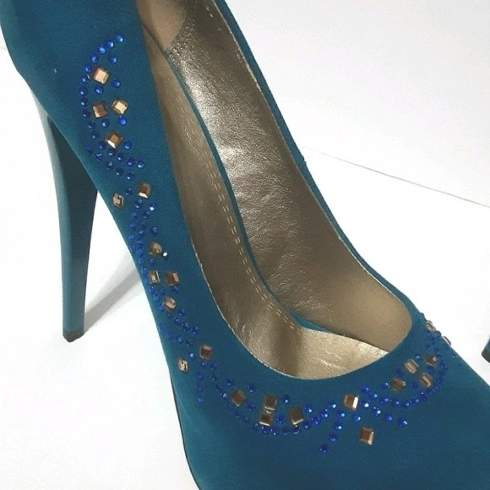 Memorata Celine Sapphire Blue Bejeweled Ultra High Stiletto Platform Heels US 6